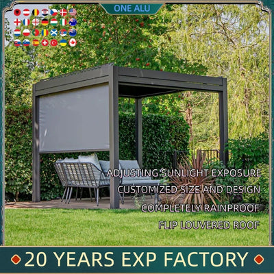 Bioclimatic Aluminum Pergola 3x4m/10x13ft Manual flip louvered roof with roller blinds gazebo canopy carport garden