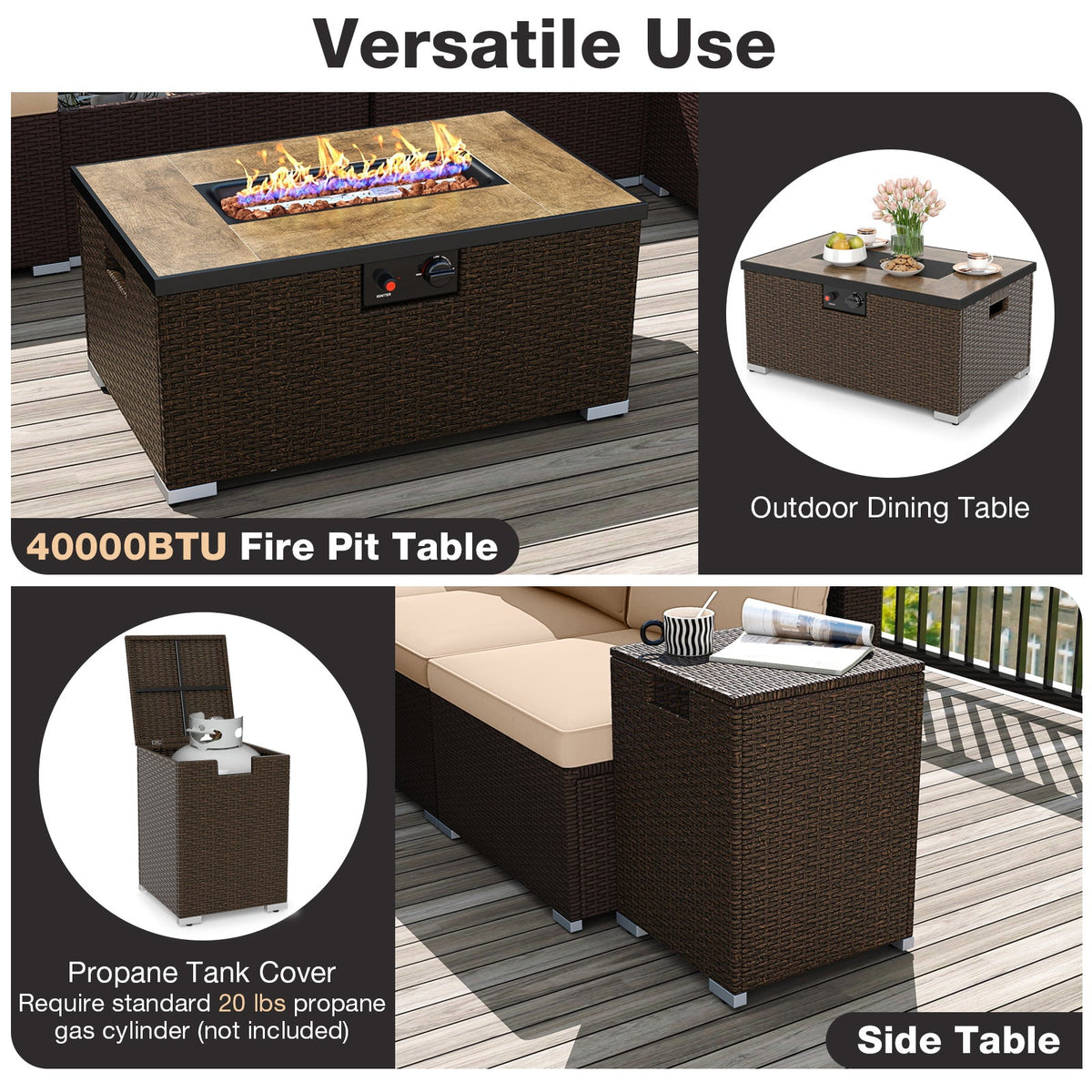 Outdoor PE Rattan Conversation Set with 32” Propane Fire Pit Table and Tank Holder