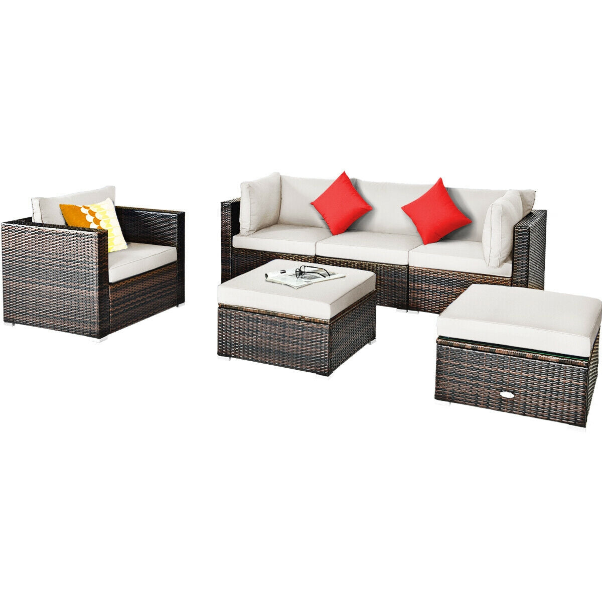 6 Pcs Patio Rattan Furniture Set with Sectional Cushion