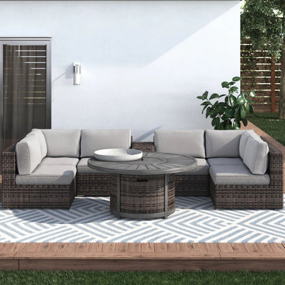 All Weather 4 Person Patio Sofa Set With Fire Pit And Side Table Rustproof - Brown
