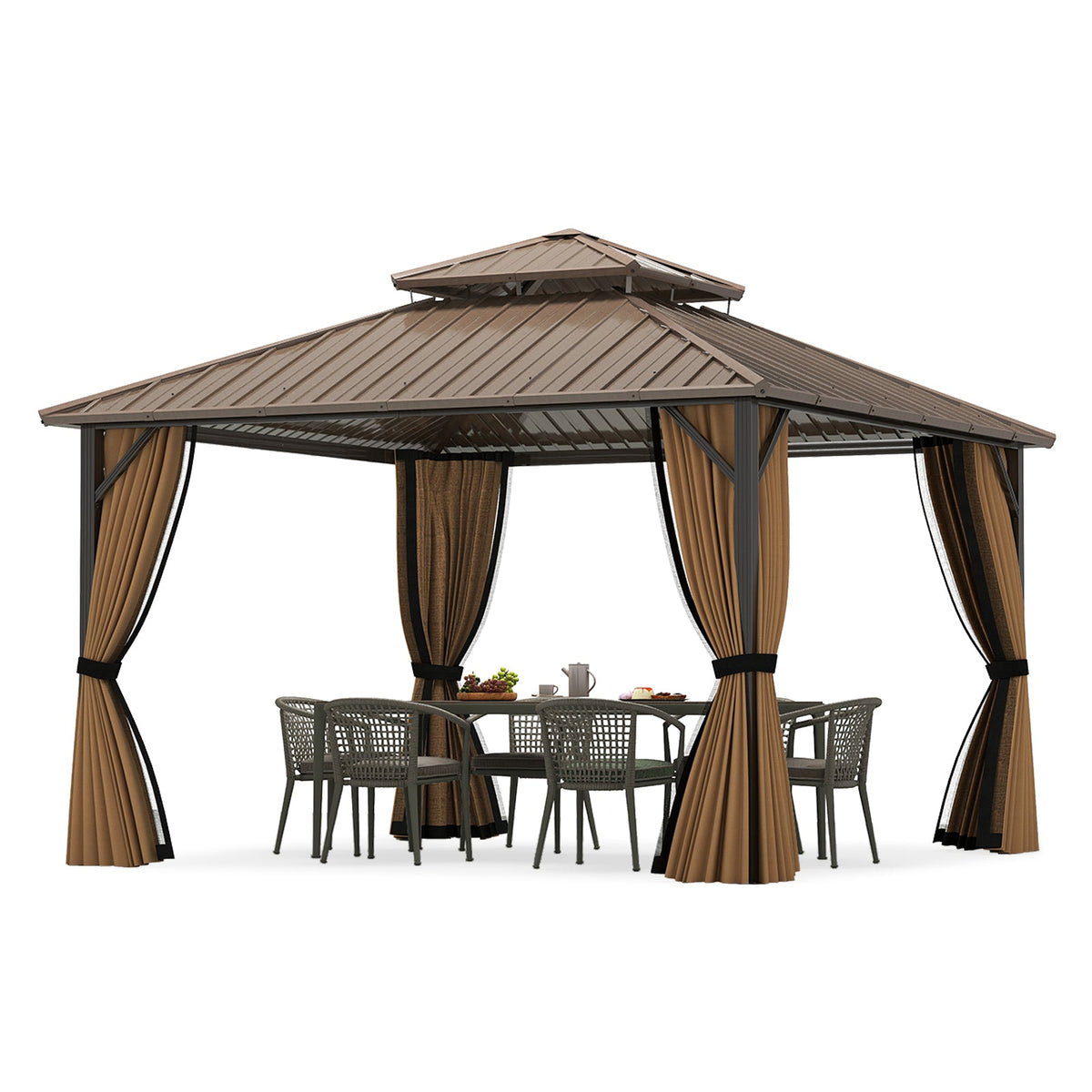 12 x 12 FT Hardtop Gazebo Outdoor Pergola for Patio Garden Deck Lawn Backyard Party Tent-Coffee
