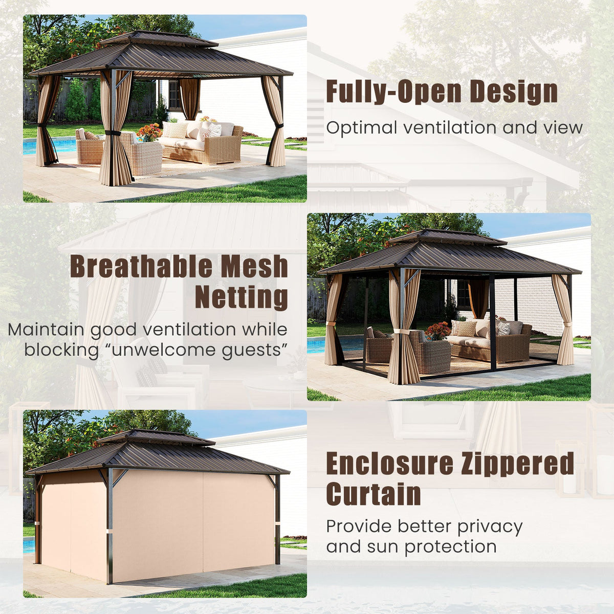 16 x 12 FT Hardtop Gazebo Outdoor Pergola for Patio Garden Deck Lawn Backyard Party Tent-Coffee