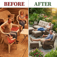 6 Pieces Outdoor Patio Furniture Set with Swivel Rocker Chairs and 6" Thick Cushions,Wicker Conversation Set with Sectional Sofa Coffee Table for Porch Deck Backyard Poolside — Before & After