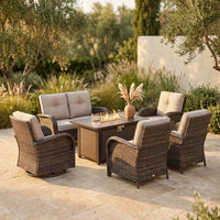 7 Piece Outdoor Patio Furniture Set, Patio Furniture Set with Fire Pit Table Rattan Wicker Patio Furniture Set, Brown Wicker & Beige Cushion — Studio Shot
