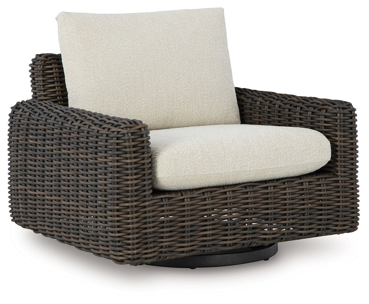 Kimora - 7 Pc. - 4-Piece Outdoor Sectional, Swivel Glider Lounge, Cocktail Table, End Table - Beige / Dark Brown