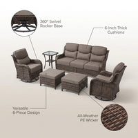 6 Pieces Outdoor Patio Furniture Set with Swivel Rocker Chairs and 6" Thick Cushions,Wicker Conversation Set with Sectional Sofa Coffee Table for Porch Deck Backyard Poolside — infographic