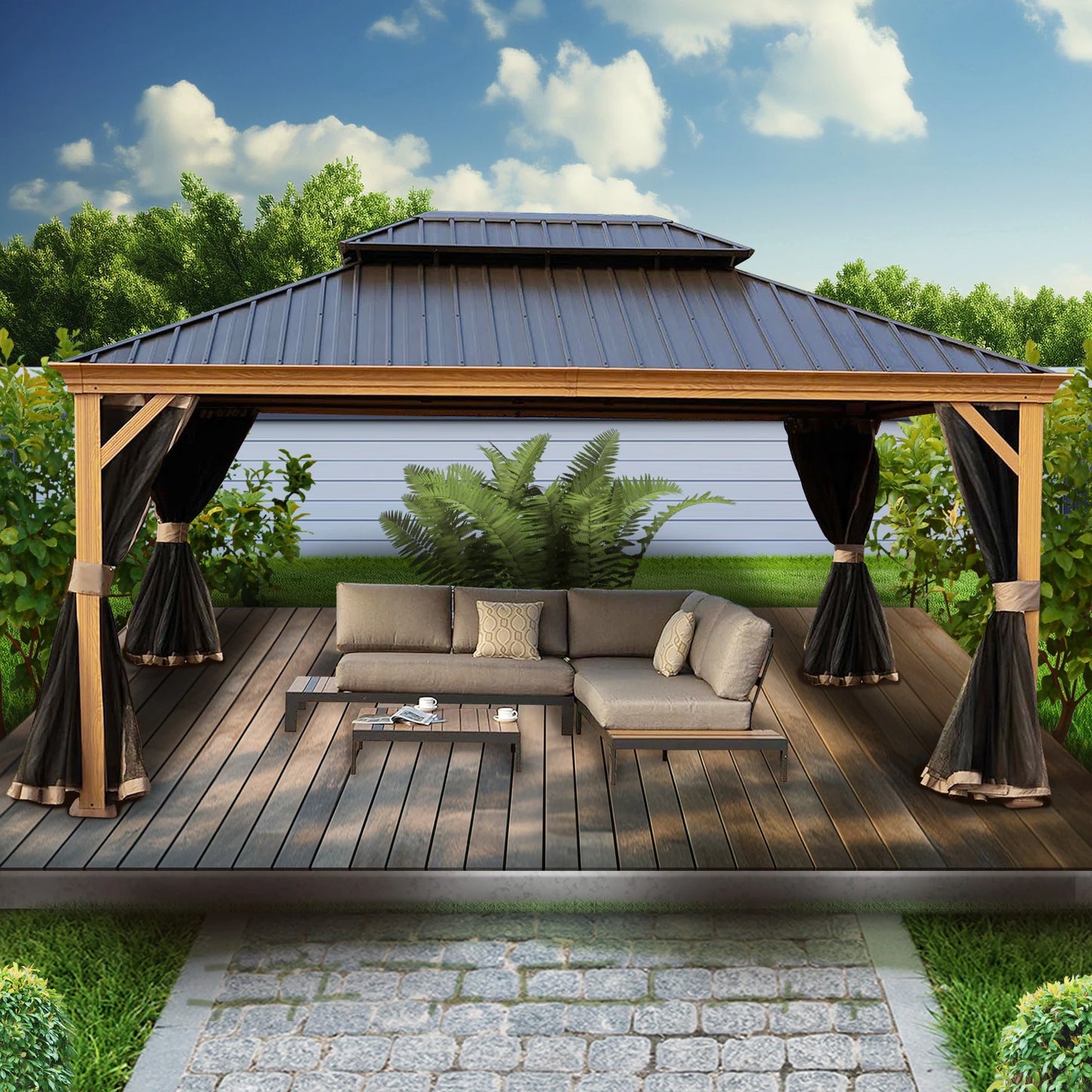 12-Ft X 20-Ft Gazebo Brown Gazebo with Hardtop Roof (Screen Included)