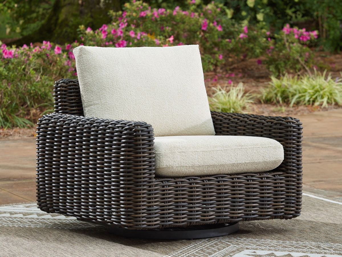 Kimora - 7 Pc. - 4-Piece Outdoor Sectional, Swivel Glider Lounge, Cocktail Table, End Table - Beige / Dark Brown