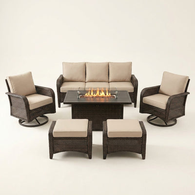 Outdoor Patio Furniture Set Built for Entertaining, Fire Pit Table, Rattan Wicker, Weather-Resistant