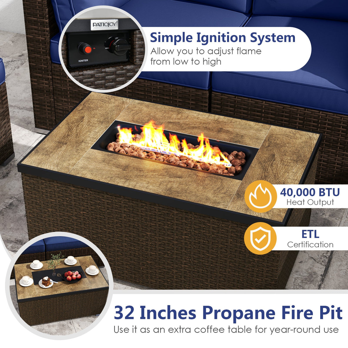 7 Pieces Outdoor Furniture Set with 32 Inch Fire Pit Table and Propane Tank Cover