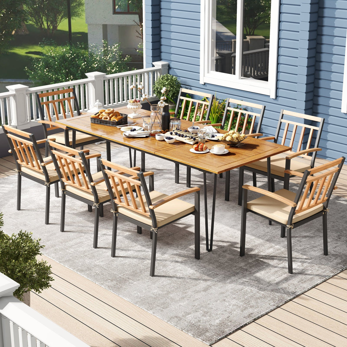 9 Pieces Patio Dining Outdoor Furniture Set with 8 Chairs and Umbrella Hole