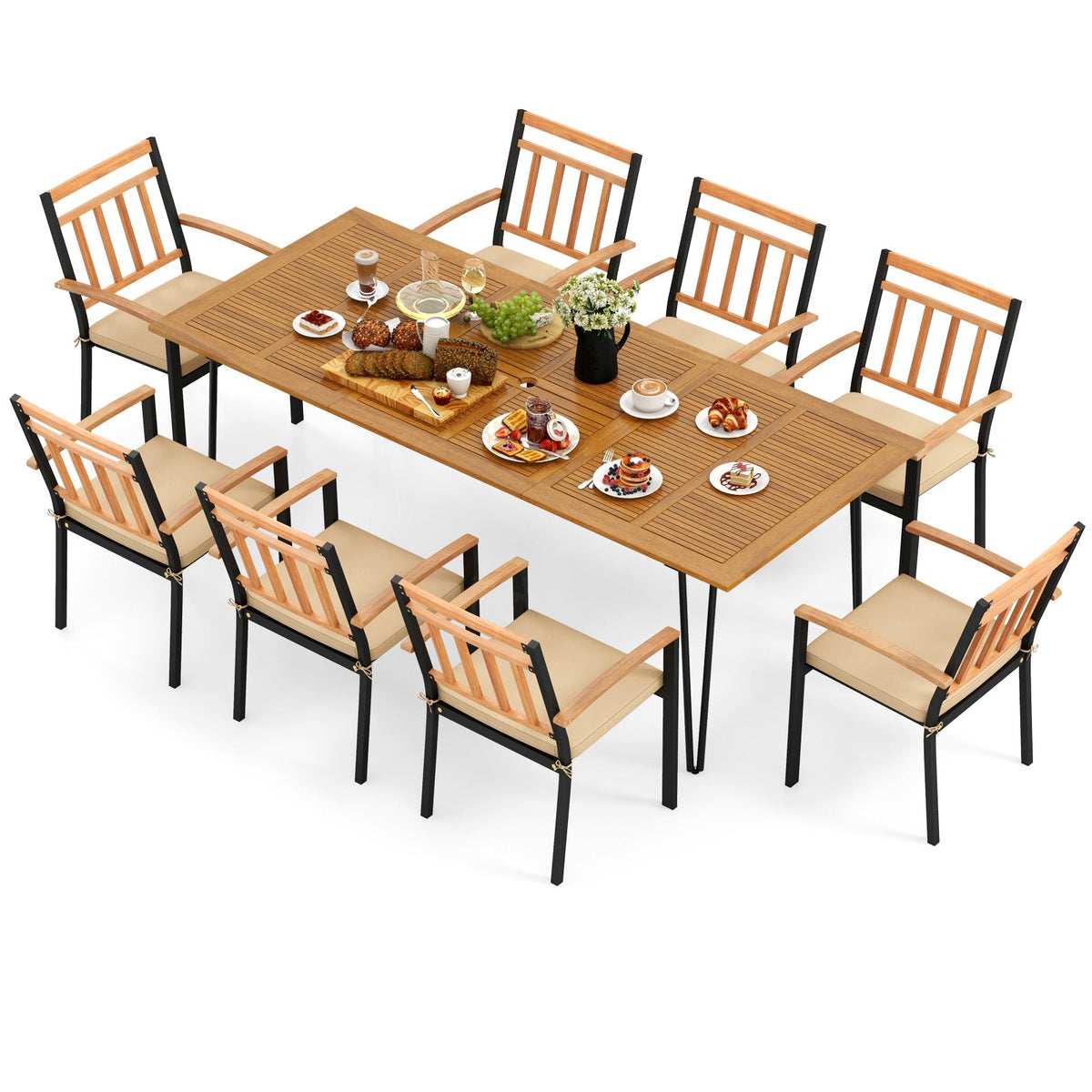 9 Pieces Patio Dining Outdoor Furniture Set with 8 Chairs and Umbrella Hole