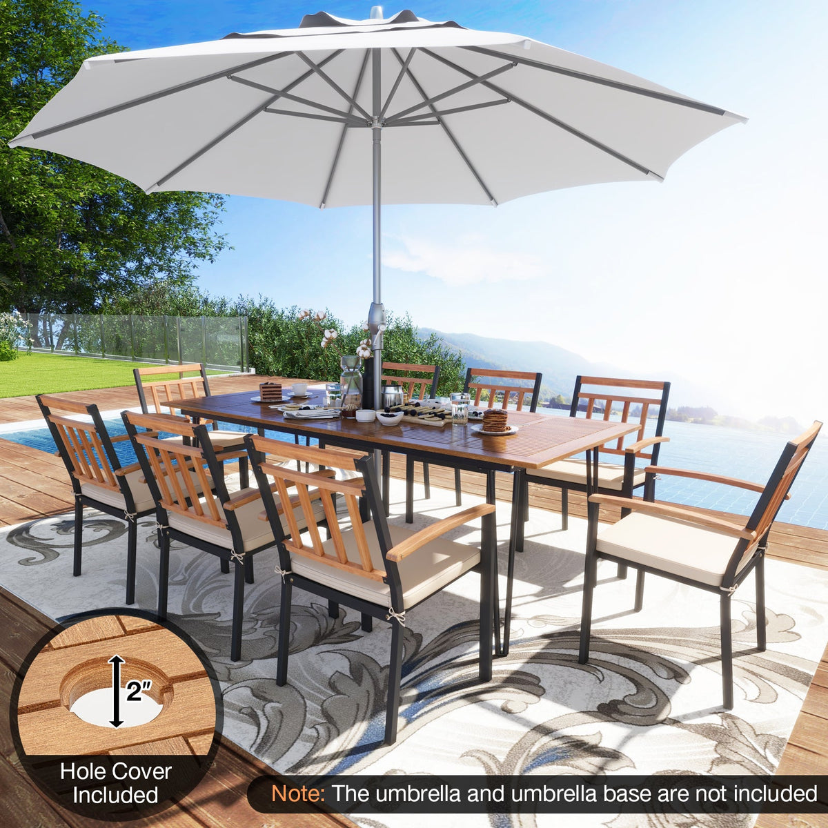 9 Pieces Patio Dining Outdoor Furniture Set with 8 Chairs and Umbrella Hole