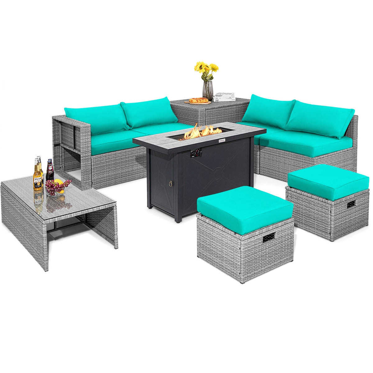 9 Pieces Patio Furniture Set with 42 Inches 60000 BTU Fire Pit