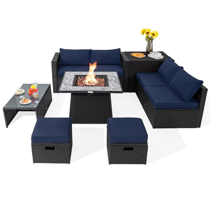 9 Pieces Outdoor Wicker Sectional with 35 Inch Gas Fire Pit Table