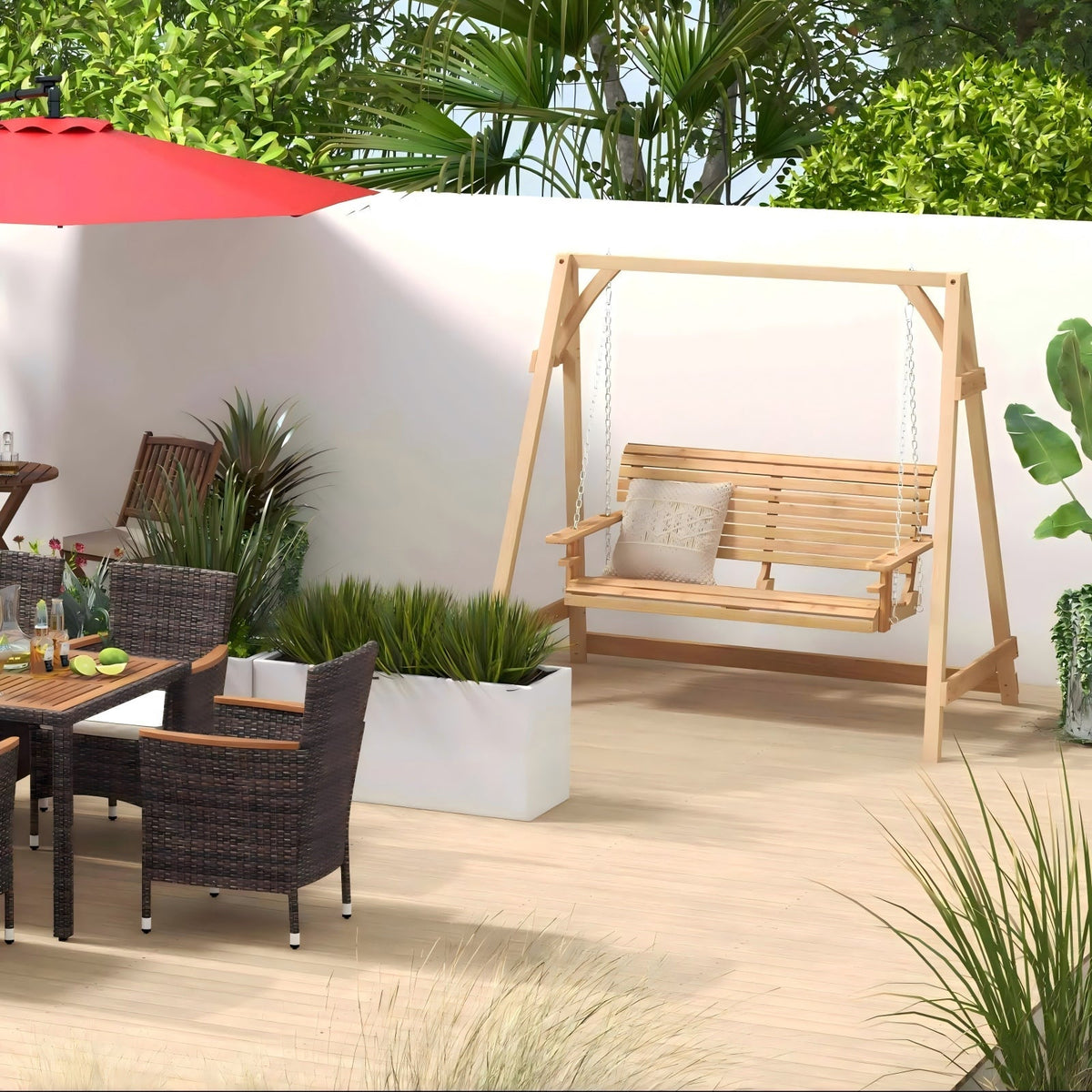 Patio Bundle: Outdoor Furniture Set+Patio Umbrella+Patio Swing+Bistro Set