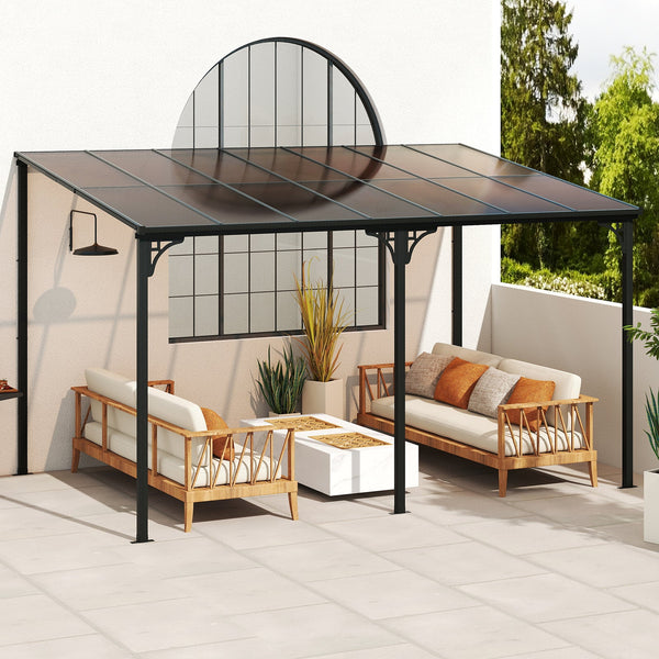 Wall-Mounted Patio Gazebo Large Outdoor Hardtop Pergola with Sloped Polycarbonate Roof-Black