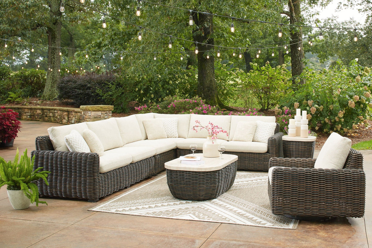 Kimora - 7 Pc. - 4-Piece Outdoor Sectional, Swivel Glider Lounge, Cocktail Table, End Table - Beige / Dark Brown