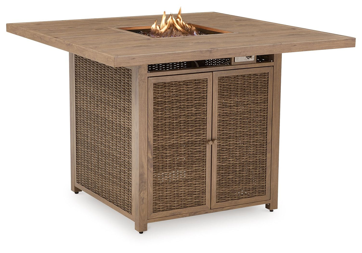 Walton Bridge - 5 Pc. - Square Bar Table W/Fire Pit, 4 Barstools - Driftwood