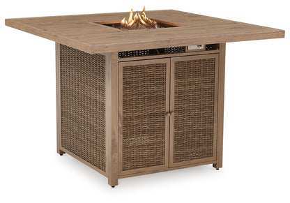 Walton Bridge - 5 Pc. - Square Bar Table W/Fire Pit, 4 Barstools - Driftwood