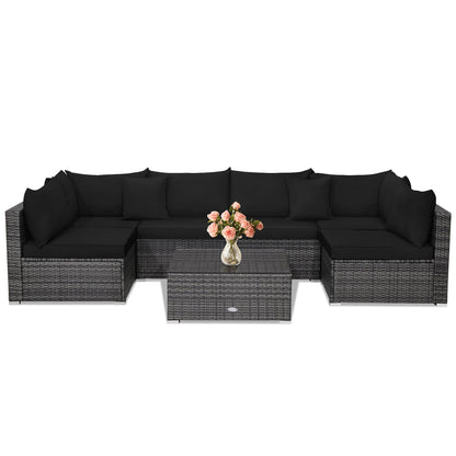 7 Pieces Patio Rattan Furniture Set Sectional Sofa Garden Cushion