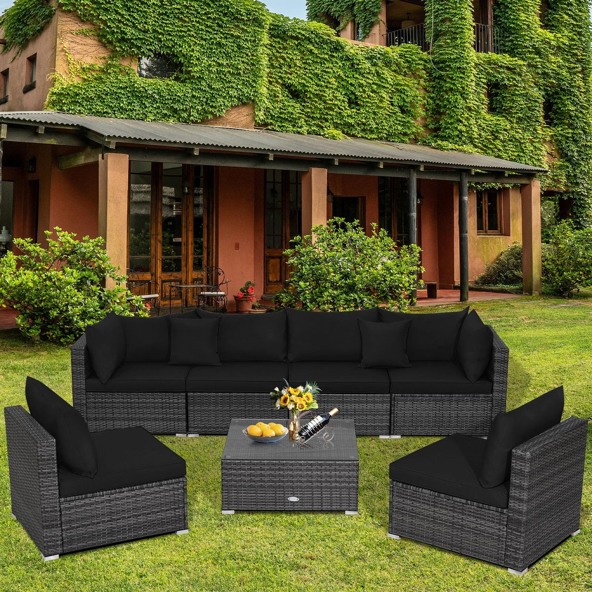 7 Pieces Patio Rattan Furniture Set Sectional Sofa Garden Cushion