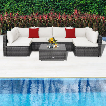 7 Pieces Patio Rattan Furniture Set Sectional Sofa Garden Cushion