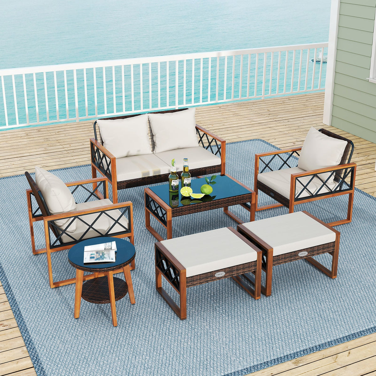 7 Pieces Patio Furniture Set PE Wicker Acacia Wood Outdoor Conversation Set