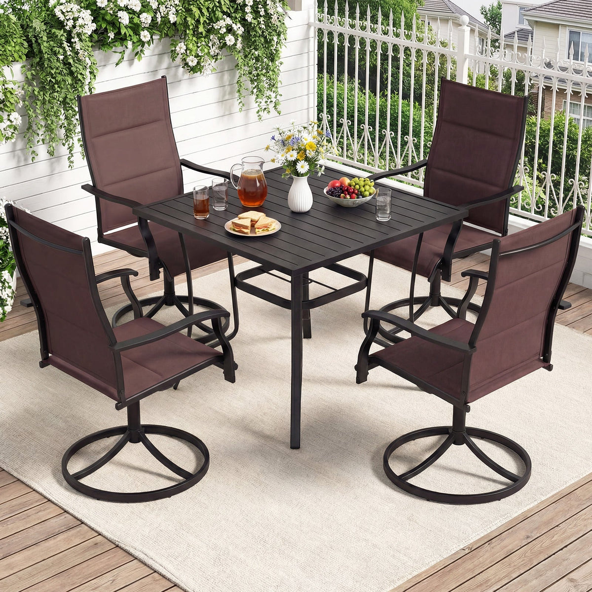 5 Pieces Outdoor Dining Set with 4 Swivel Chairs and 36 Inch Square Patio Table