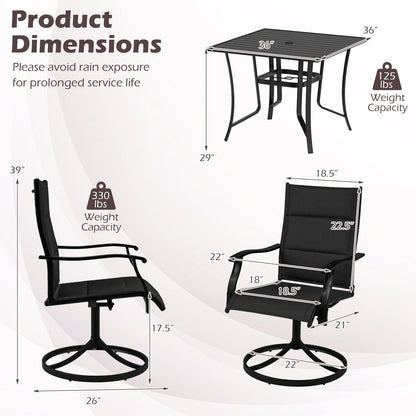 5 Pieces Outdoor Dining Set with 4 Swivel Chairs and 36 Inch Square Patio Table